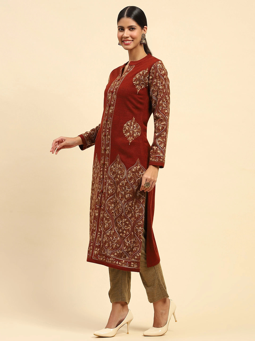 Rust Woolen Thread Embroidered Notch Neck Kurta - Global Republic