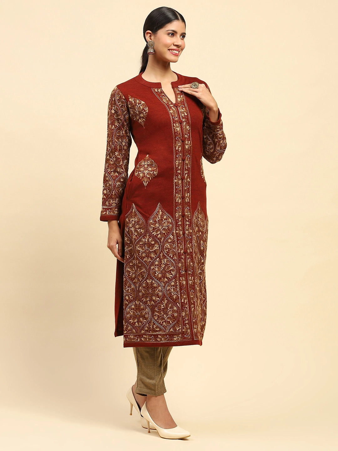 Rust Woolen Thread Embroidered Notch Neck Kurta - Global Republic