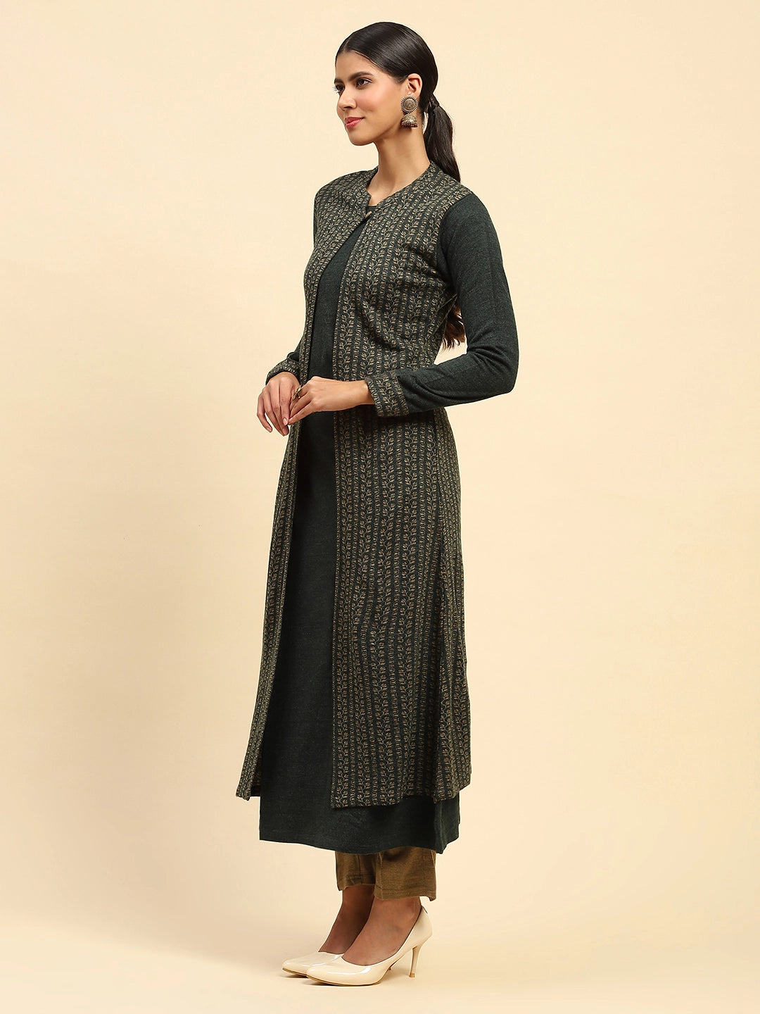 Olive Woolen Knitted Layered Round Neck Button Kurta - Global Republic