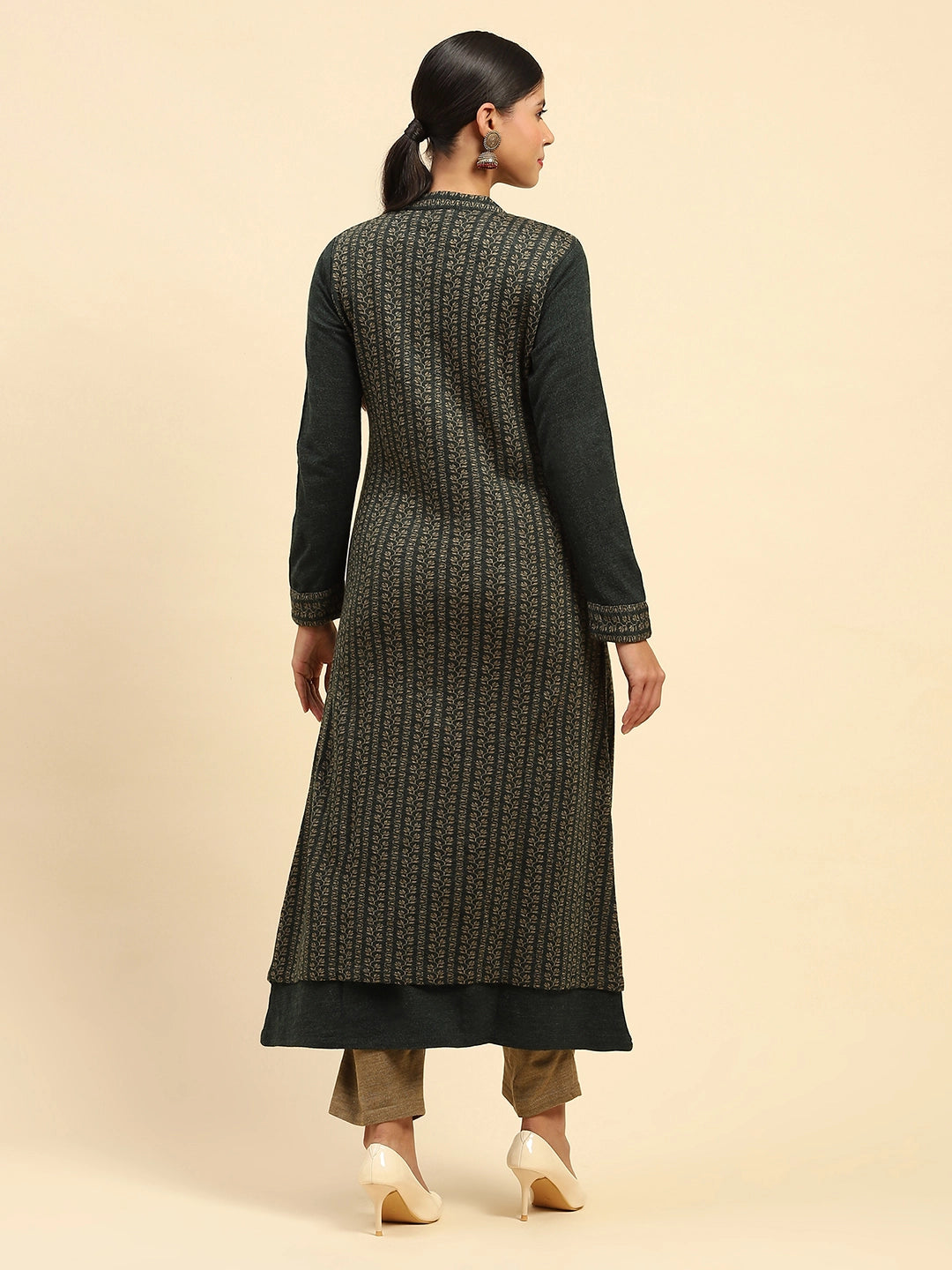 Olive Woolen Knitted Layered Round Neck Button Kurta - Global Republic