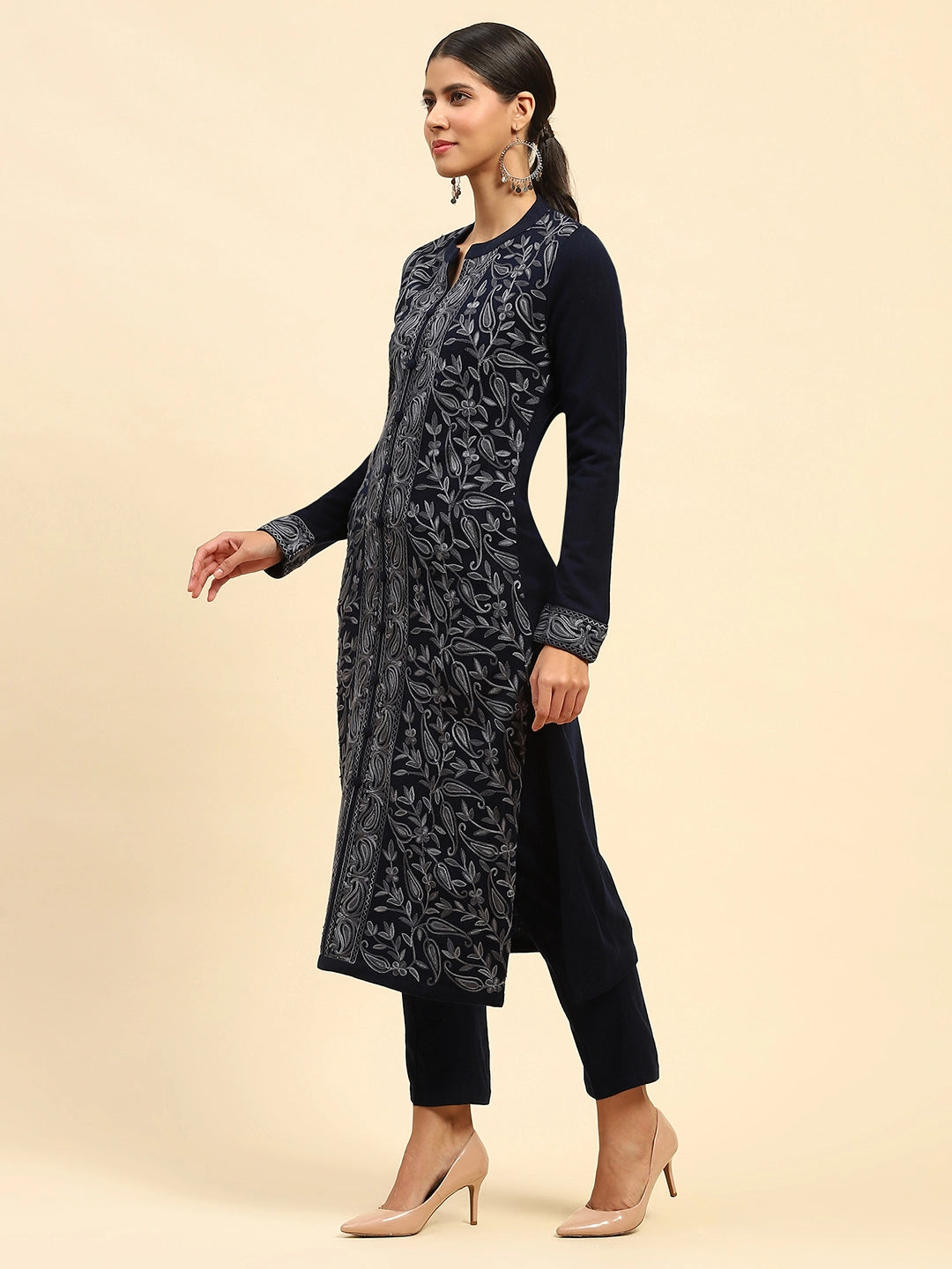 Navy Blue Woolen Thread Embroidered Notch Neck Kurta - Global Republic