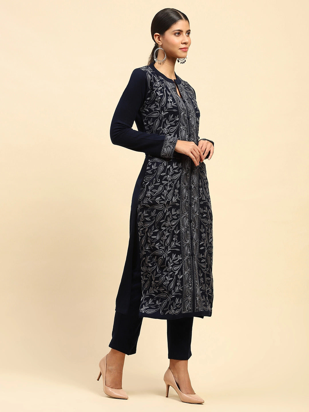 Navy Blue Woolen Thread Embroidered Notch Neck Kurta - Global Republic