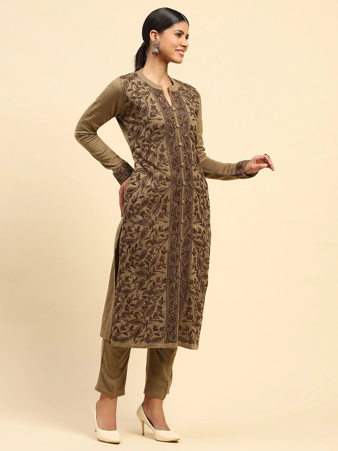 Beige Woolen Embroidered Kurta