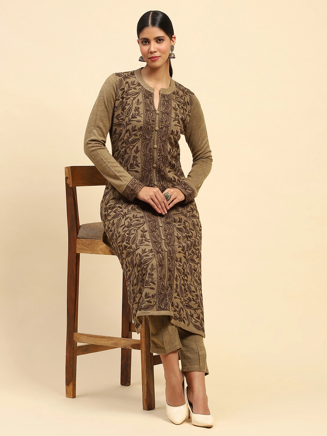 Beige Woolen Embroidered Kurta - Global Republic