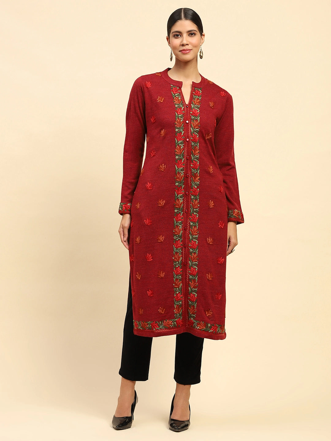 Carrot Orange Woolen Thread Embroidered Notch Neck Kurta