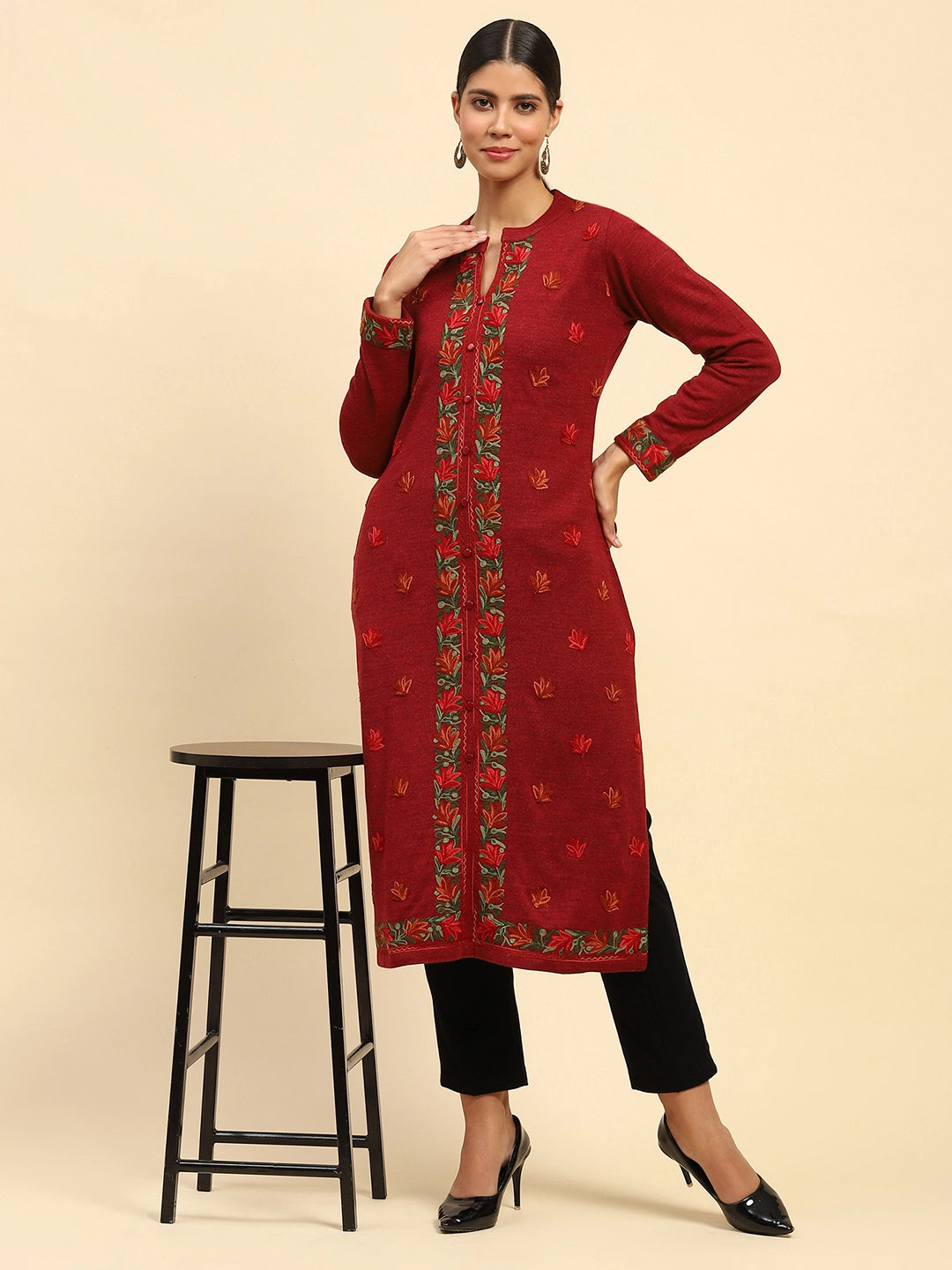 Rust Woolen Embroidered Kurta