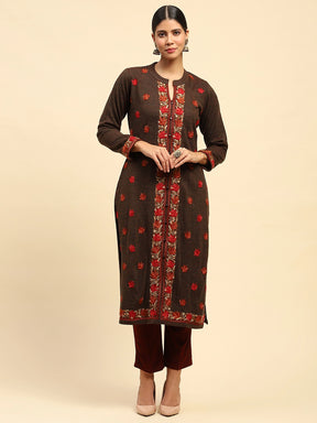 Dark Rust Woolen Embroidered kurta