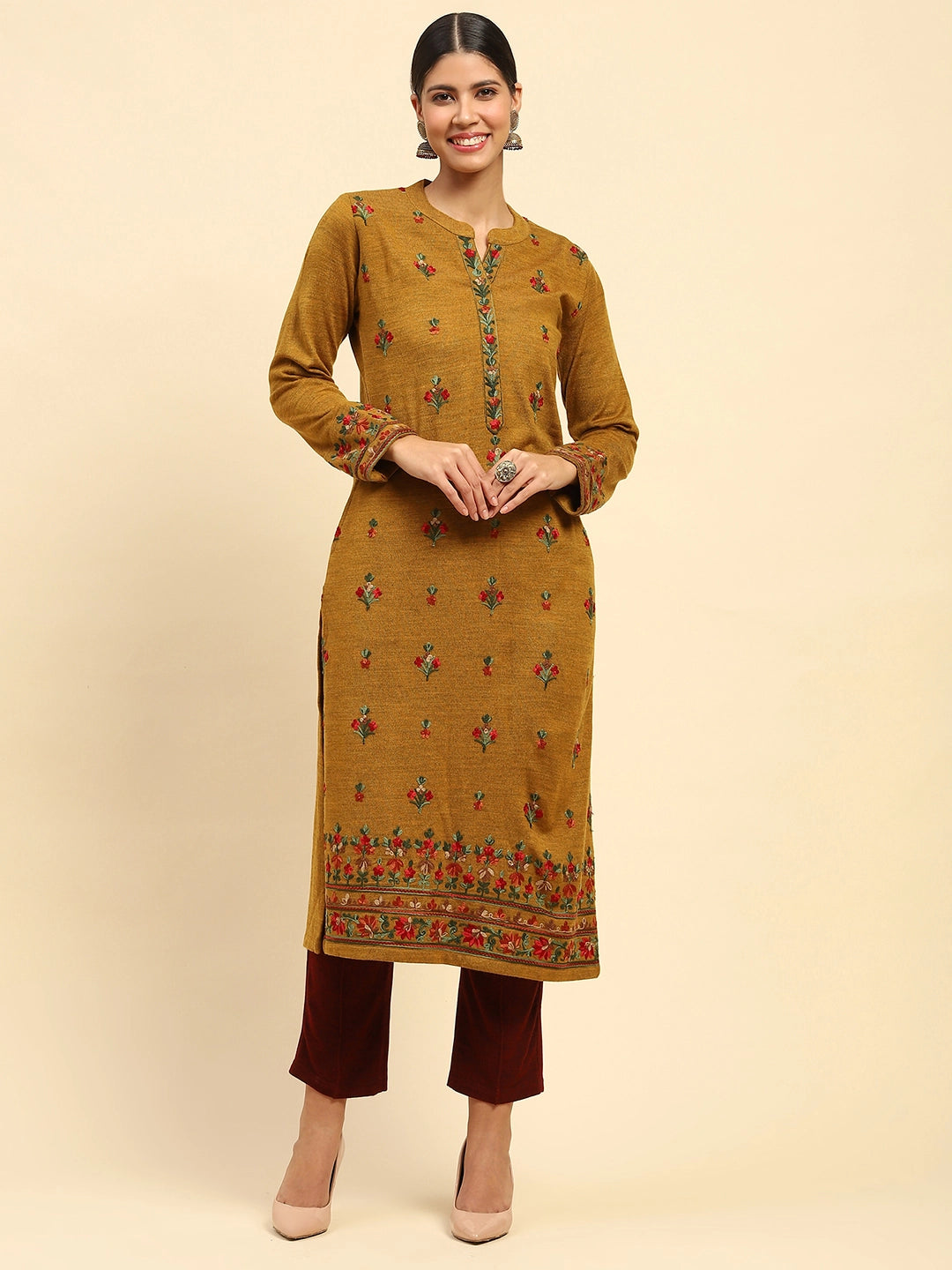 Mustard Woolen Thread Embroidered Notch Neck Kurta - Global Republic