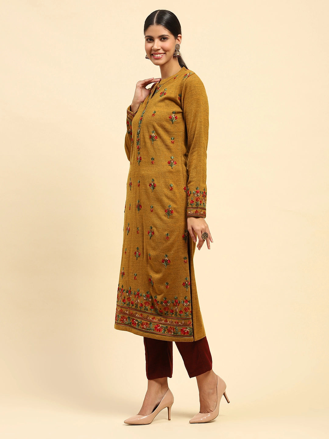 Mustard Woolen Thread Embroidered Notch Neck Kurta - Global Republic