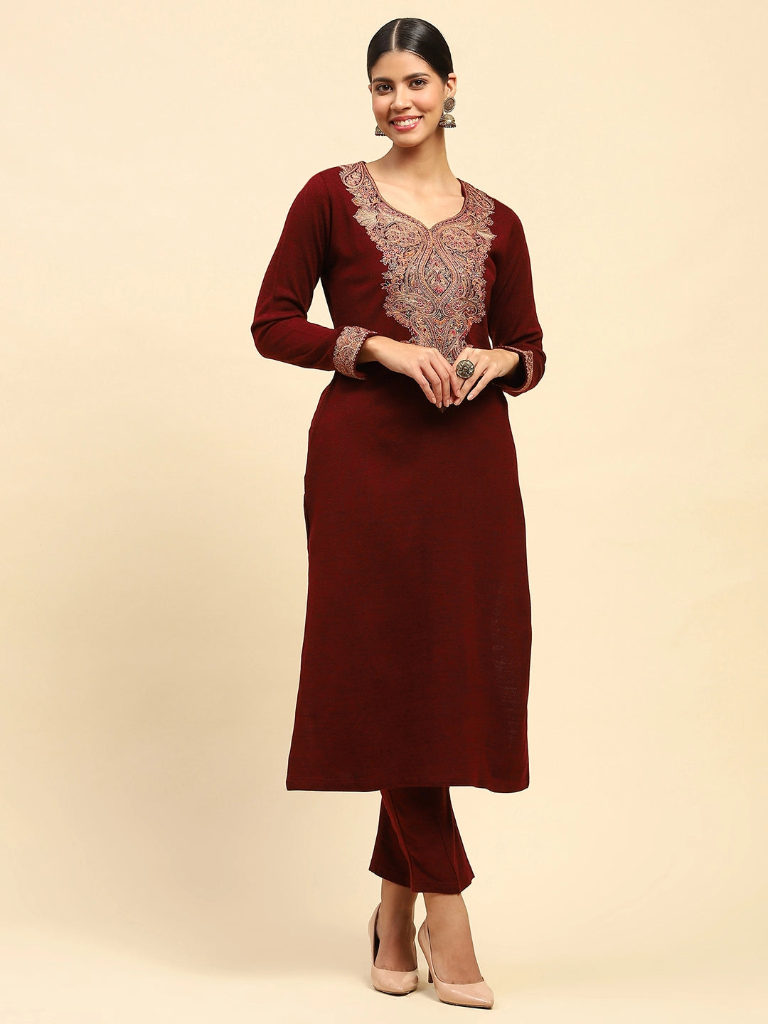 Dark Maroon WoolenThread Embroidered V-Neck Kurta - Global Republic