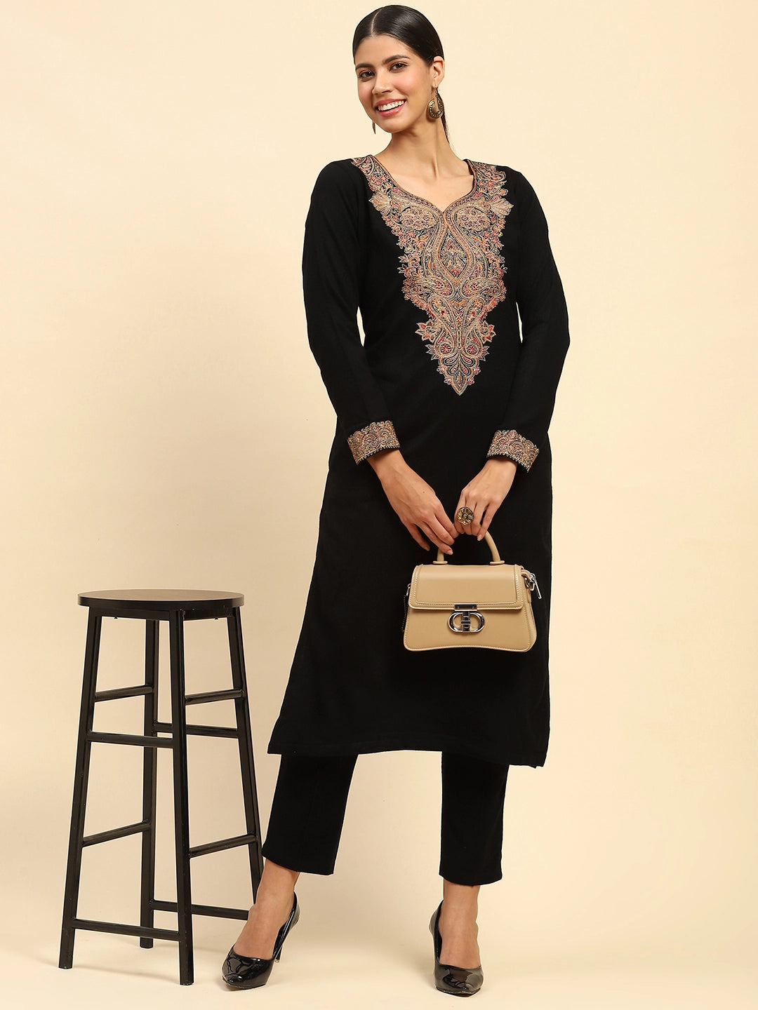Black WoolenThread Embroidered Kurta - Global Republic