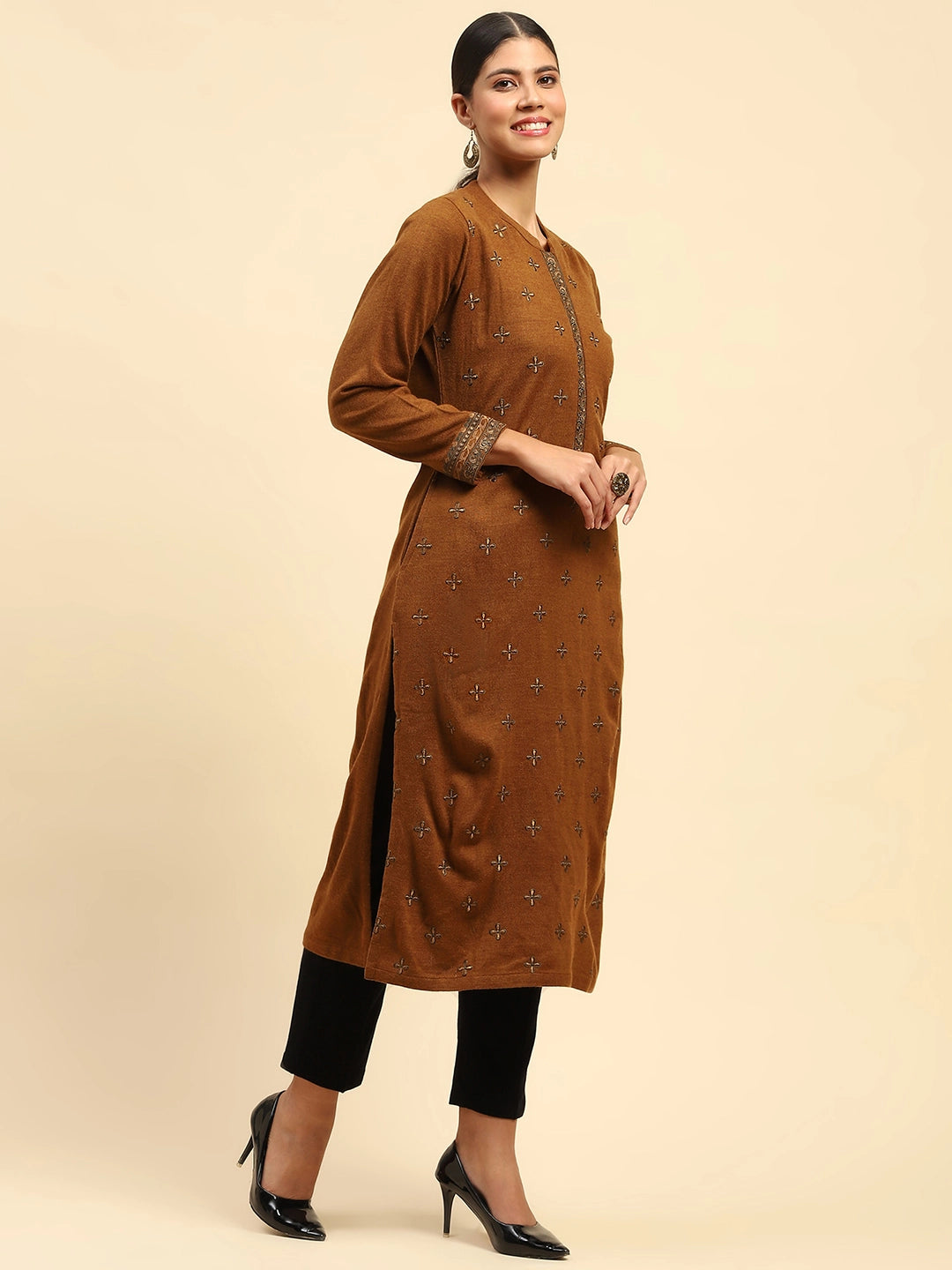 Rust Embroidered  Woolen Kurta