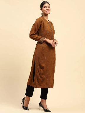 Rust Embroidered  Woolen Kurta