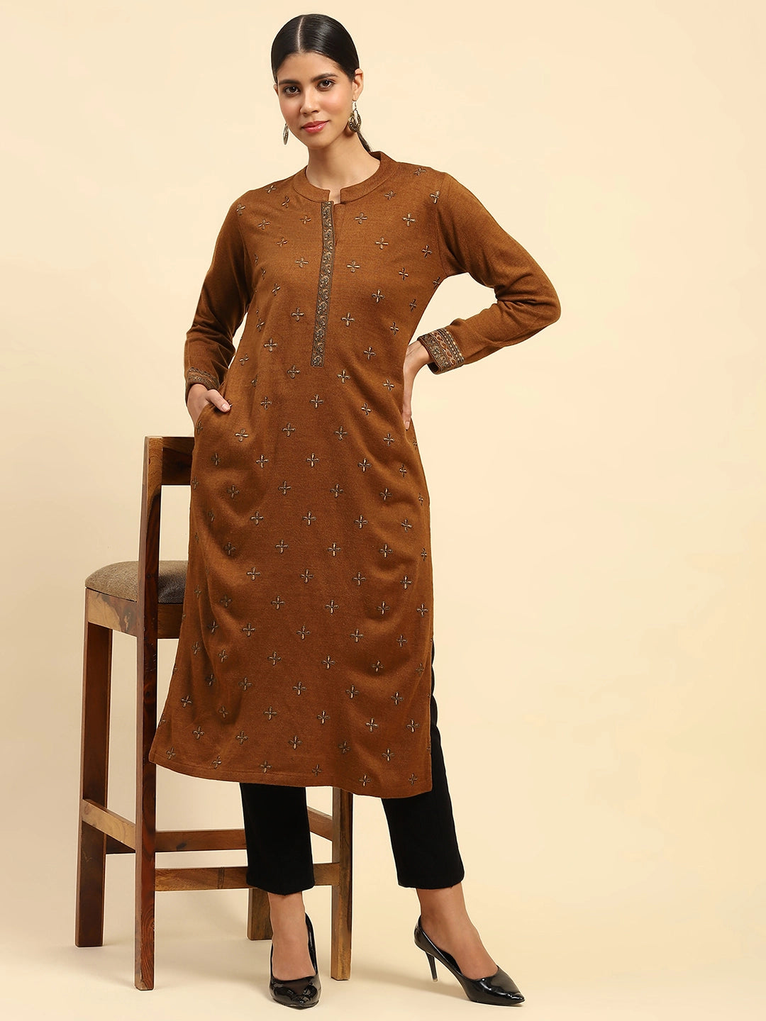 Rust Embroidered  Woolen Kurta