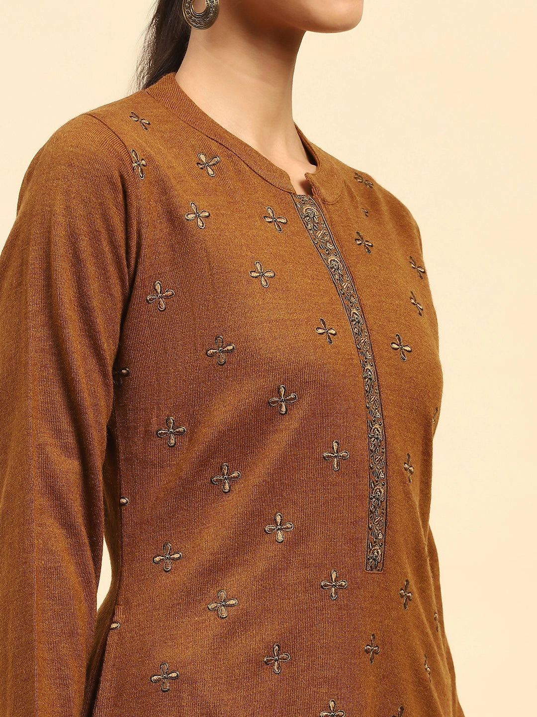 Rust Embroidered  Woolen Kurta