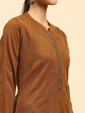 Rust Embroidered  Woolen Kurta
