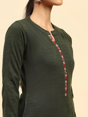Olive Woolen Embroidered Kurta
