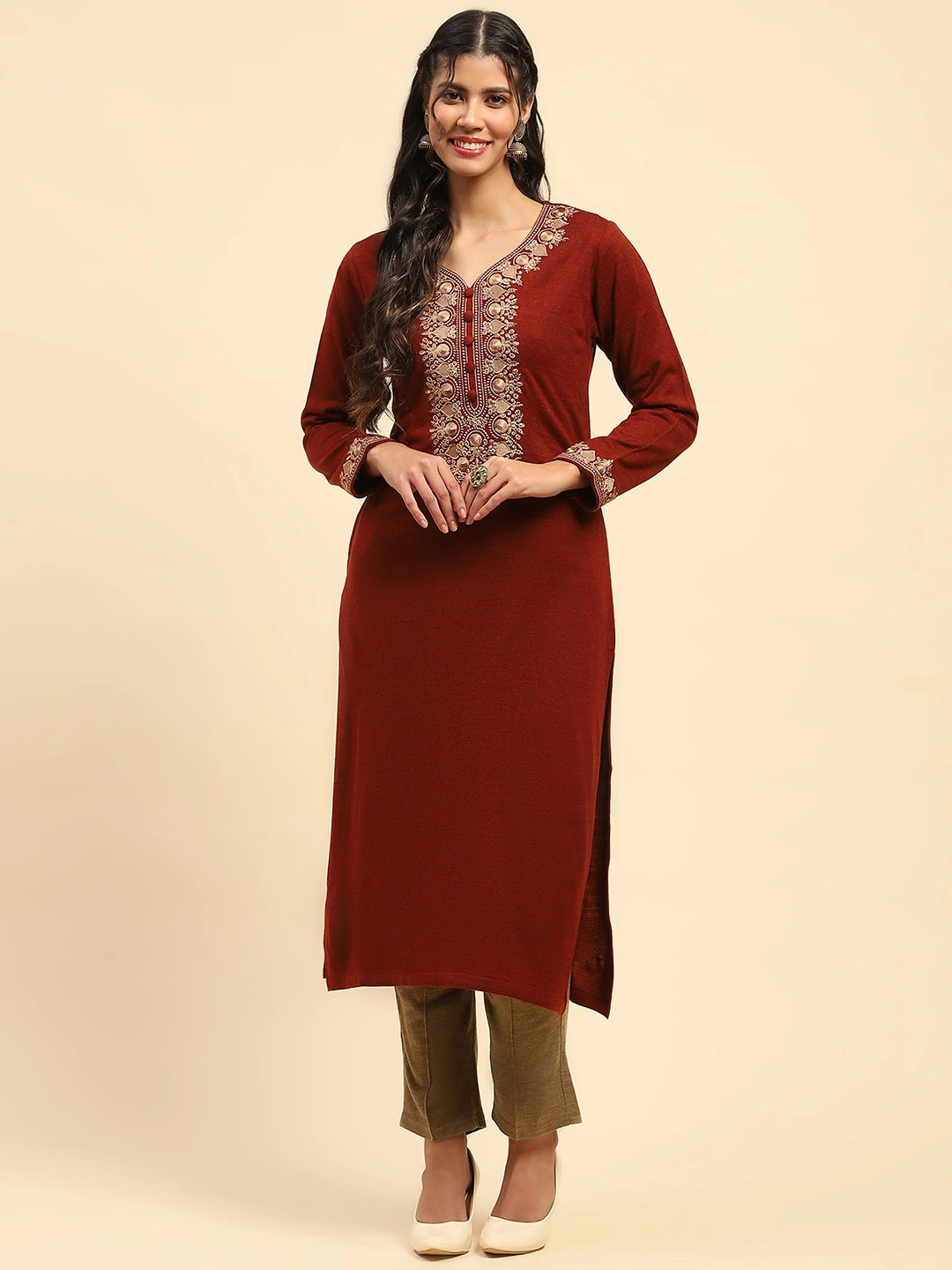 Rust Woolen Thread Embroidered V-Neck Kurta - Global Republic