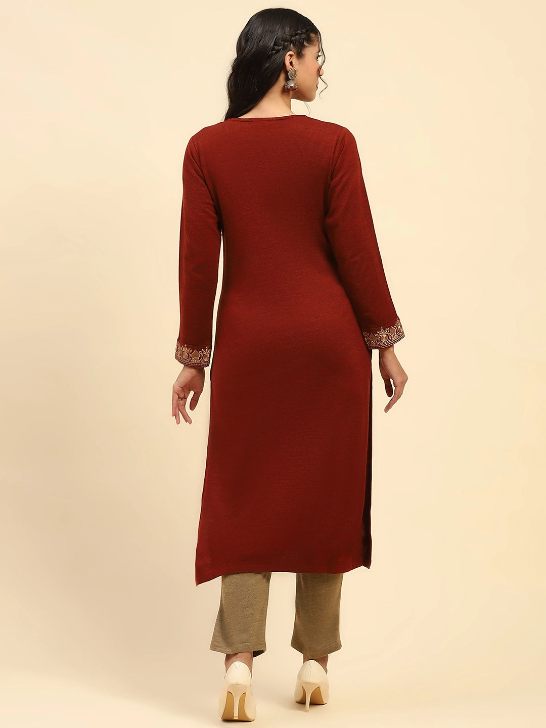 Rust Woolen Thread Embroidered V-Neck Kurta - Global Republic
