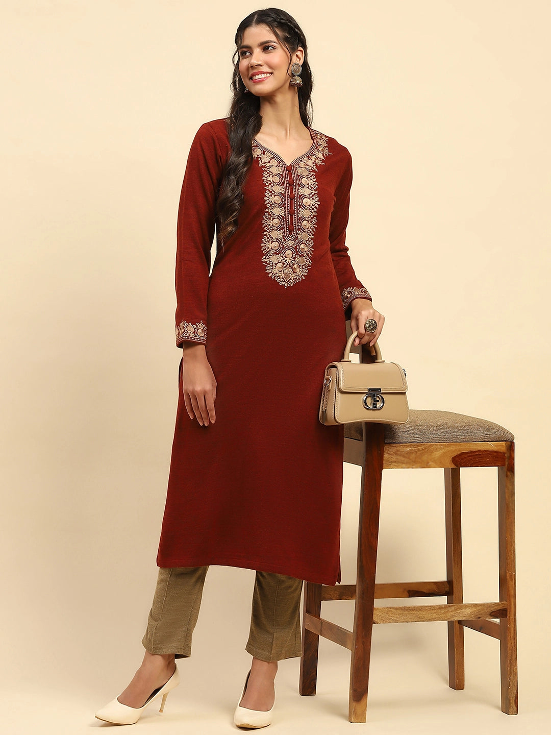 Rust Woolen Thread Embroidered V-Neck Kurta - Global Republic