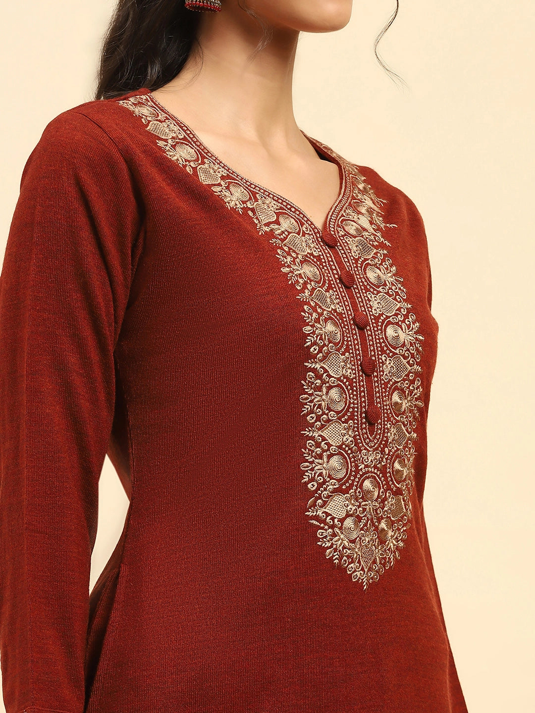 Rust Woolen Thread Embroidered V-Neck Kurta - Global Republic