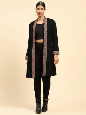 Black Woolen Thread Embroidered Front Open Ethnic Shrug