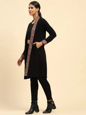 Black Woolen Thread Embroidered Front Open Ethnic Shrug