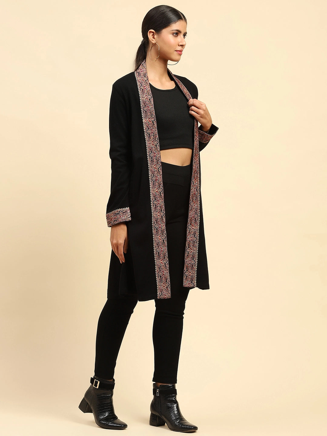 Black Woolen Thread Embroidered Front Open Ethnic Shrug