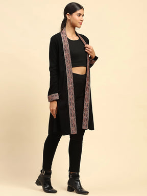Black Woolen Thread Embroidered Front Open Ethnic Shrug