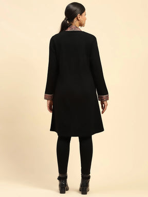 Black Woolen Thread Embroidered Front Open Ethnic Shrug