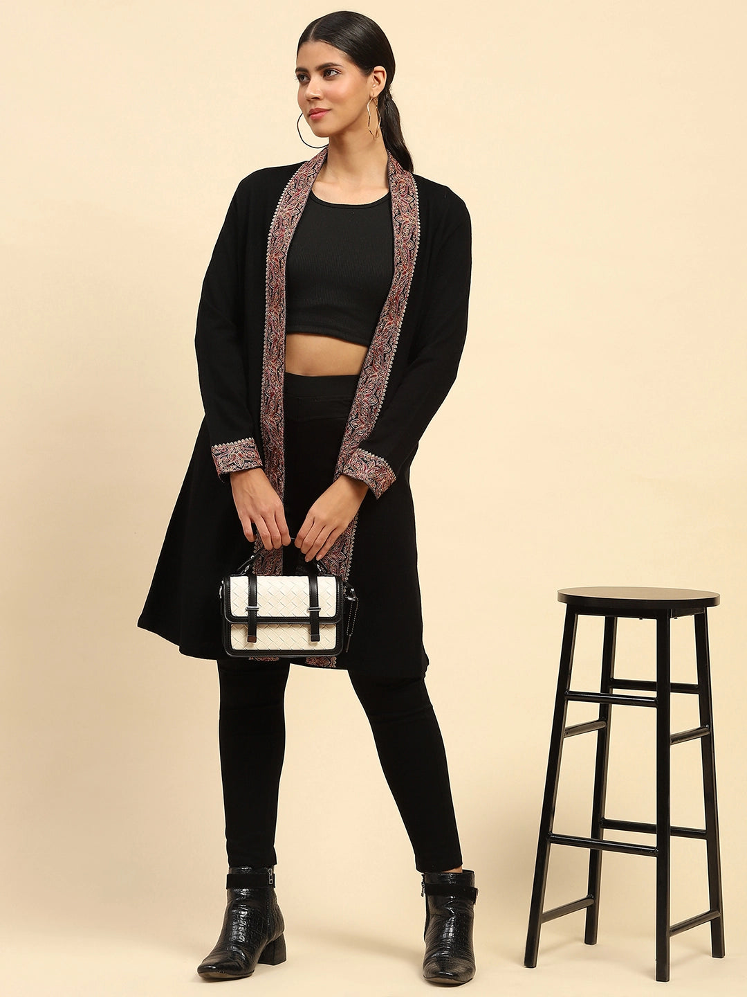 Black Woolen Thread Embroidered Front Open Ethnic Shrug