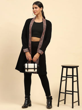 Black Woolen Thread Embroidered Front Open Ethnic Shrug