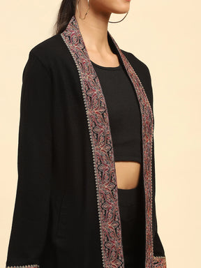 Black Woolen Thread Embroidered Front Open Ethnic Shrug