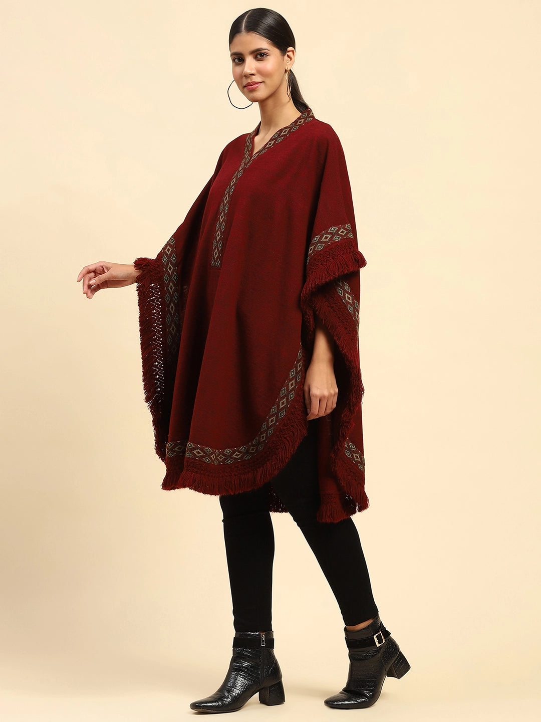 Maroon Woolen Embroidered Cape - Global Republic
