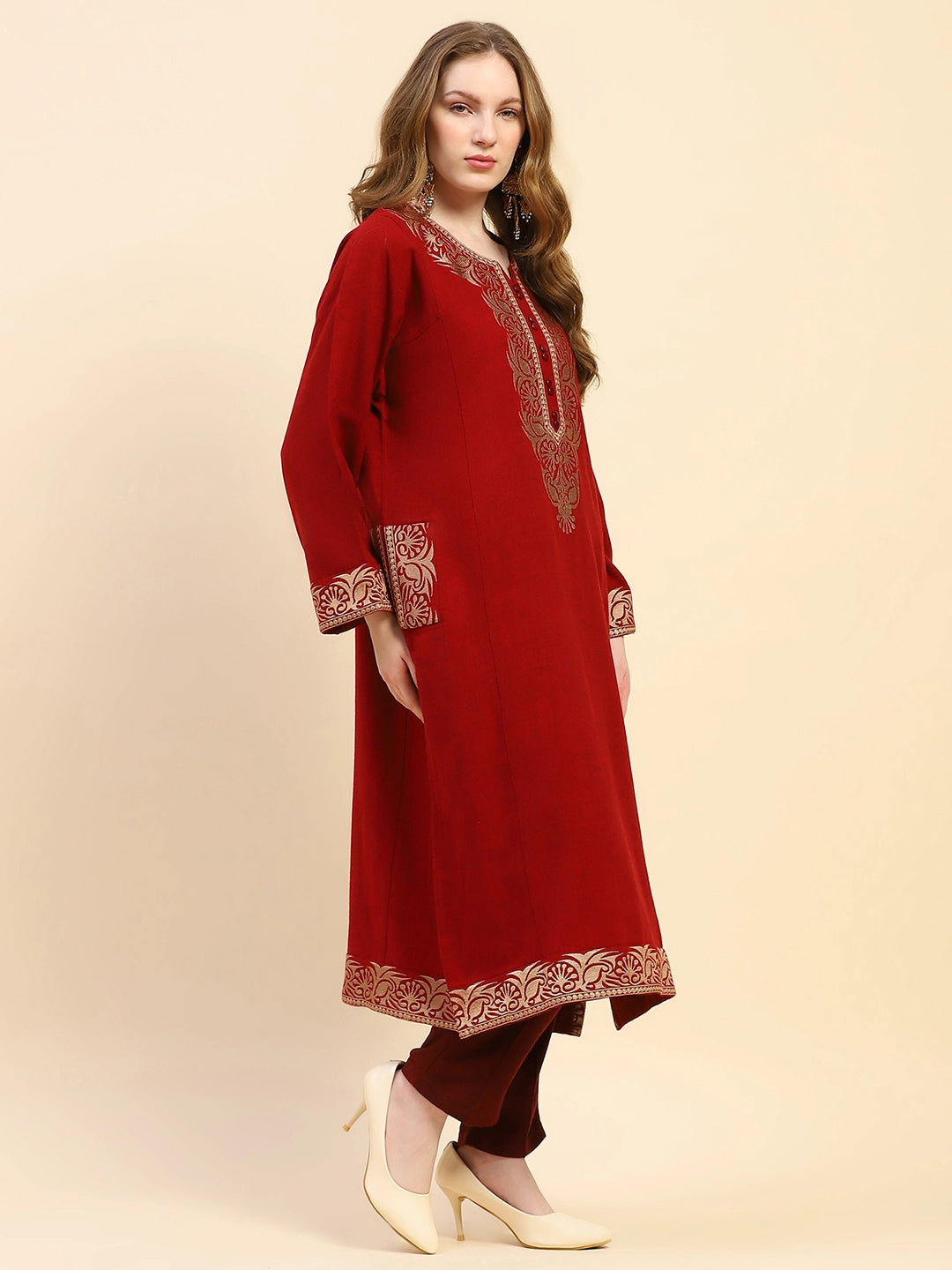 Maroon Woolen Embroidered Notch Neck Kurta - Global Republic
