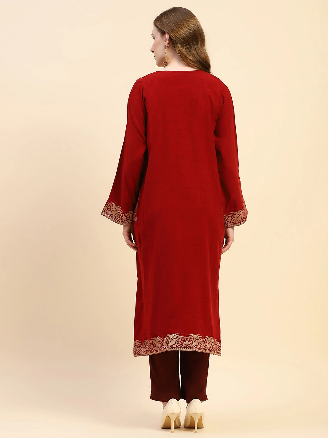 Maroon Woolen Embroidered Notch Neck Kurta - Global Republic