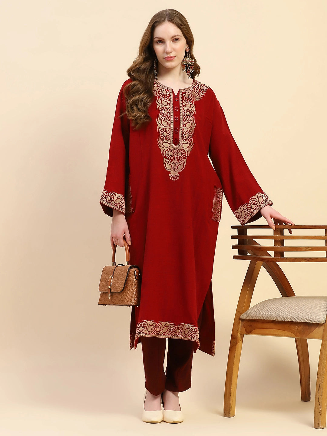Maroon Woolen Embroidered Notch Neck Kurta - Global Republic