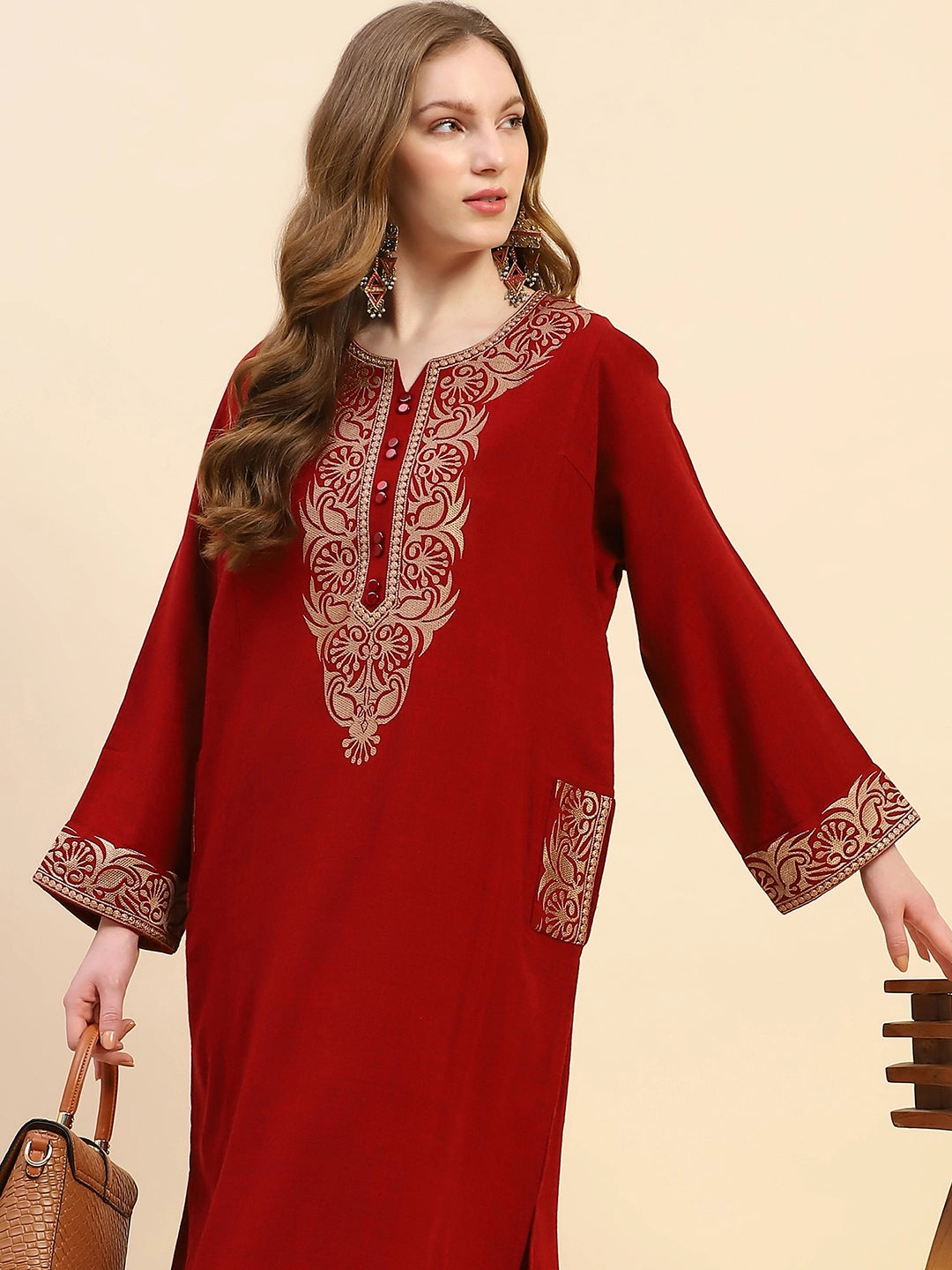 Maroon Woolen Embroidered Notch Neck Kurta - Global Republic