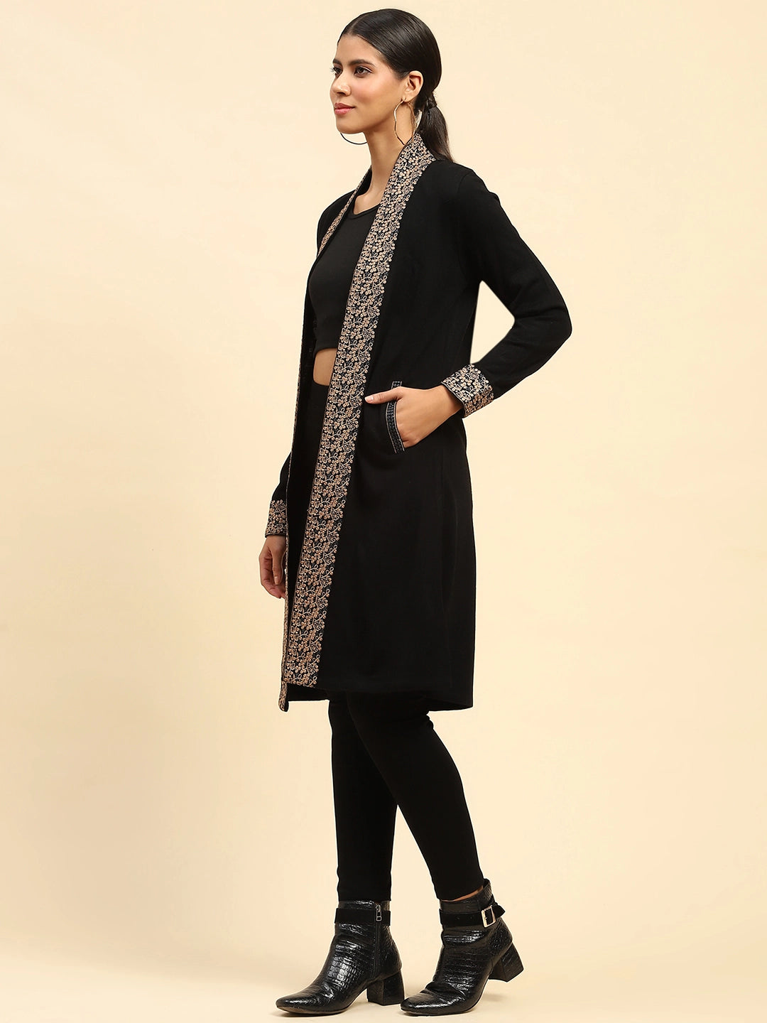 Black Woolen Thread Embroidered Front Open Ethnic Shrug - Global Republic