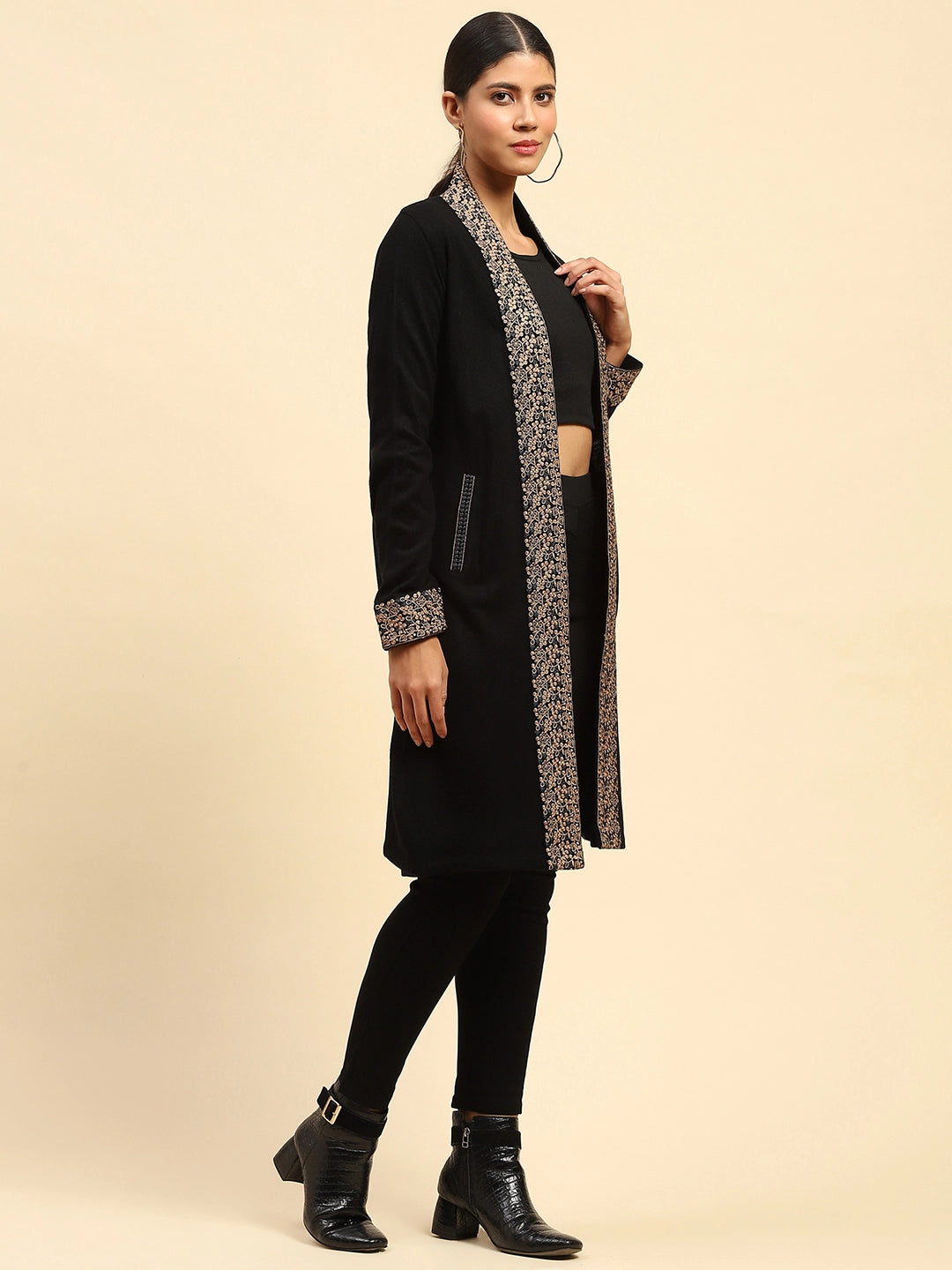 Black Woolen Thread Embroidered Front Open Ethnic Shrug - Global Republic