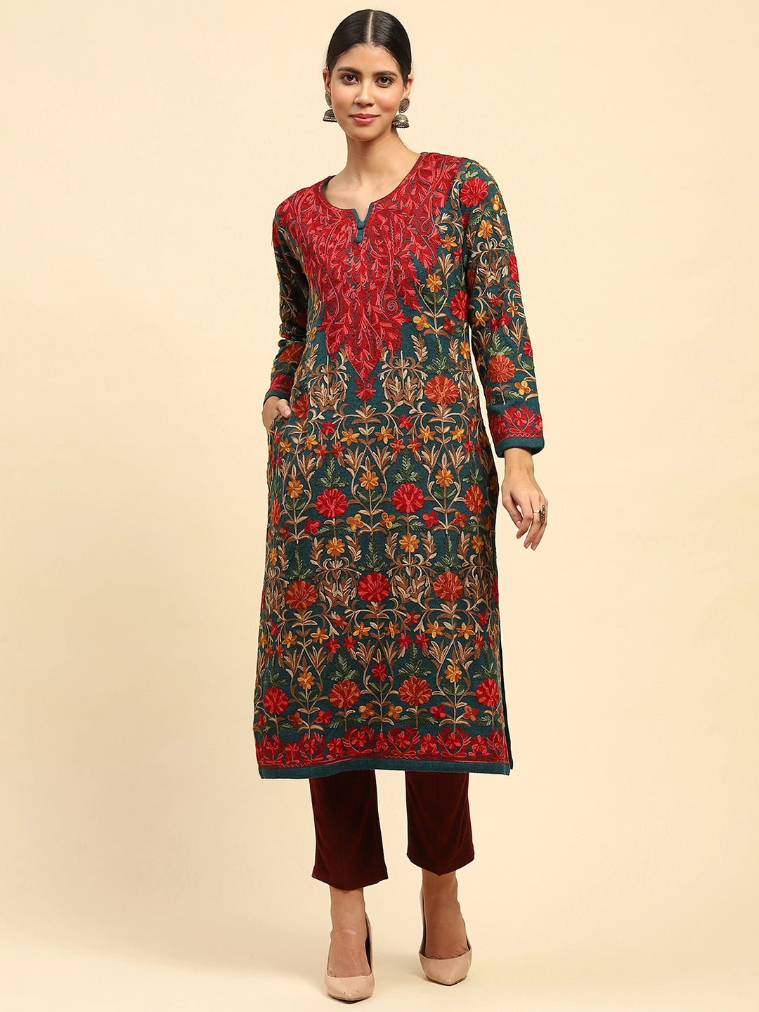 Rama Green Thread Woolen Embroidered Notch Neck Kurta - Global Republic