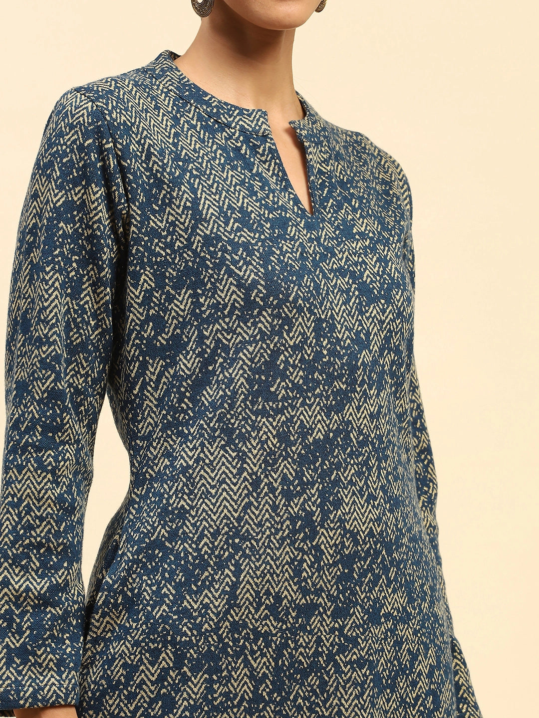 Blue and Beige Woolen Kurta Bottom Set With Dupatta For Winter - Global Republic