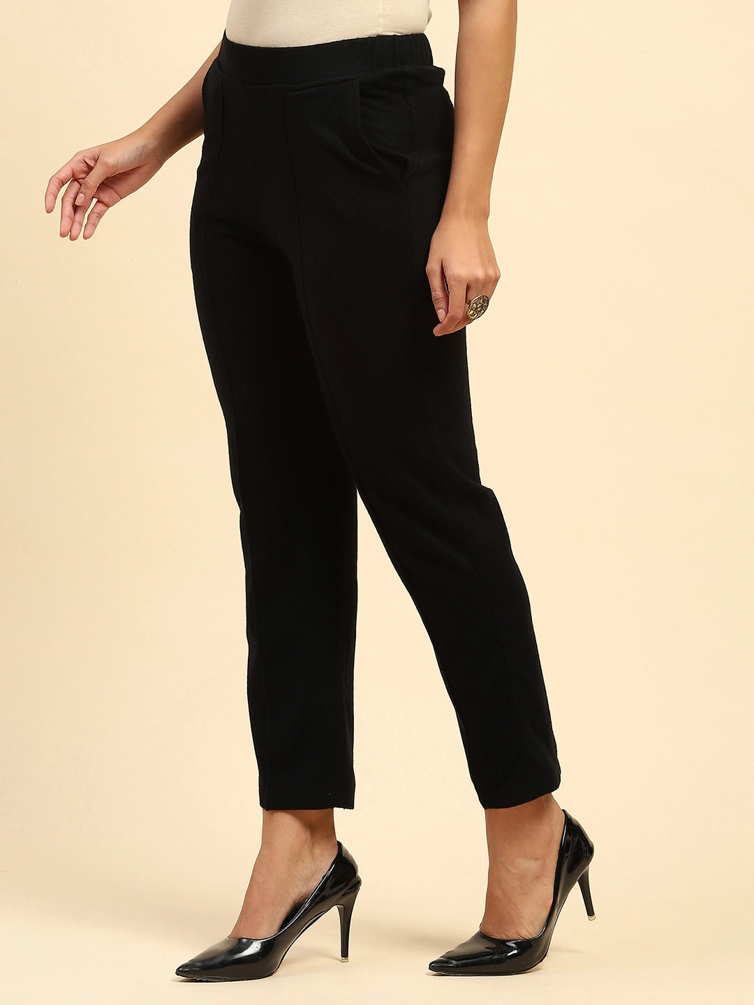 Black Woolen Solid Pant For Winter - Global Republic