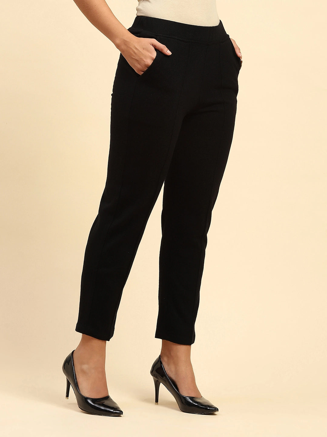 Black Woolen Solid Pant For Winter - Global Republic