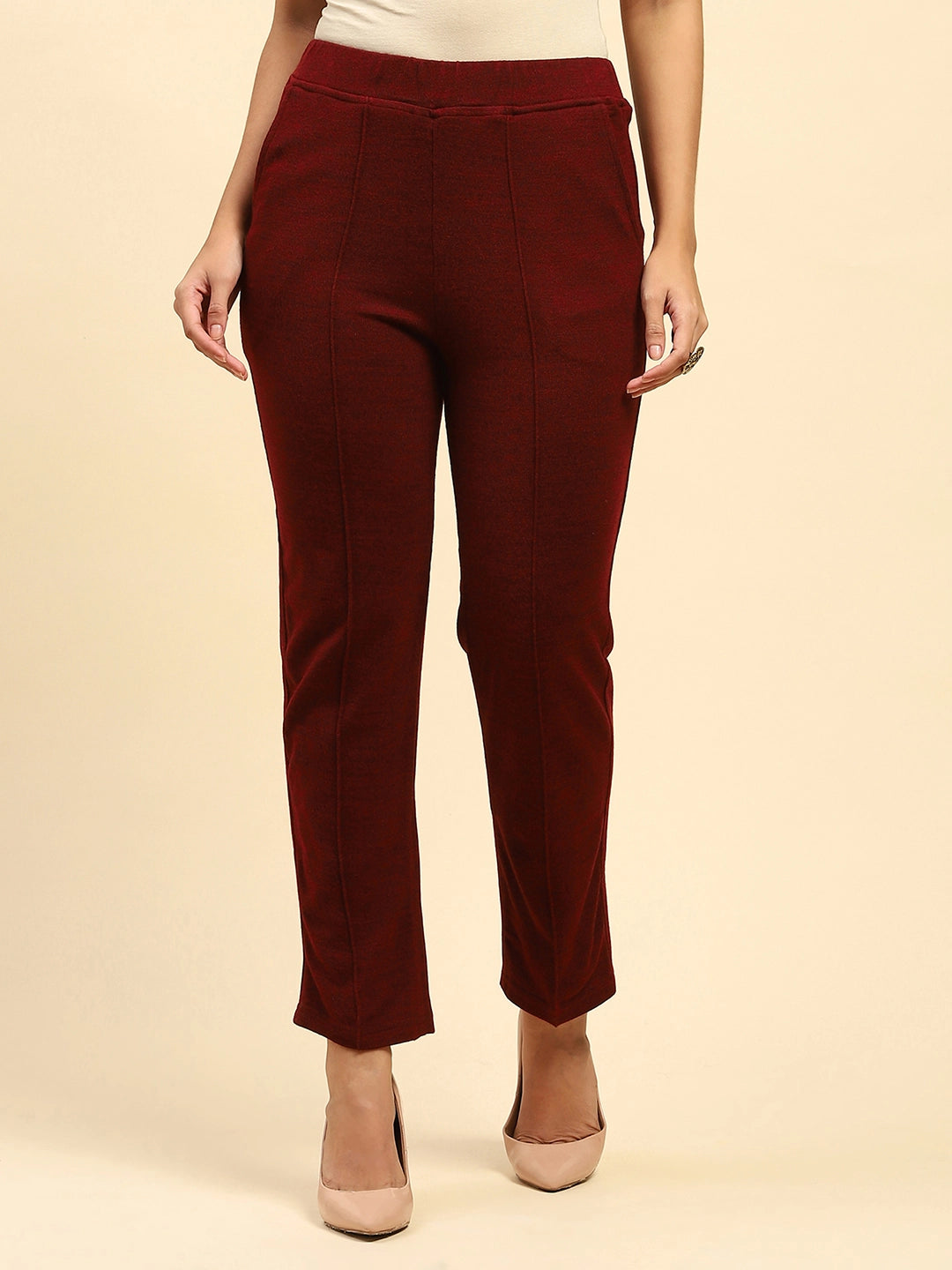 Dark Maroon Woolen Solid Pant For Winter - Global Republic