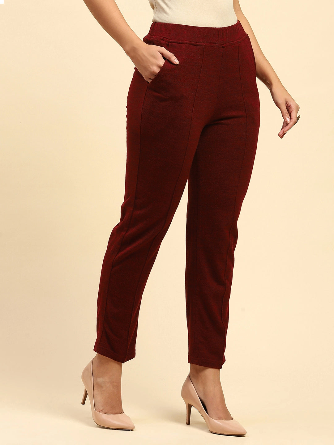 Dark Maroon Woolen Solid Pant For Winter - Global Republic