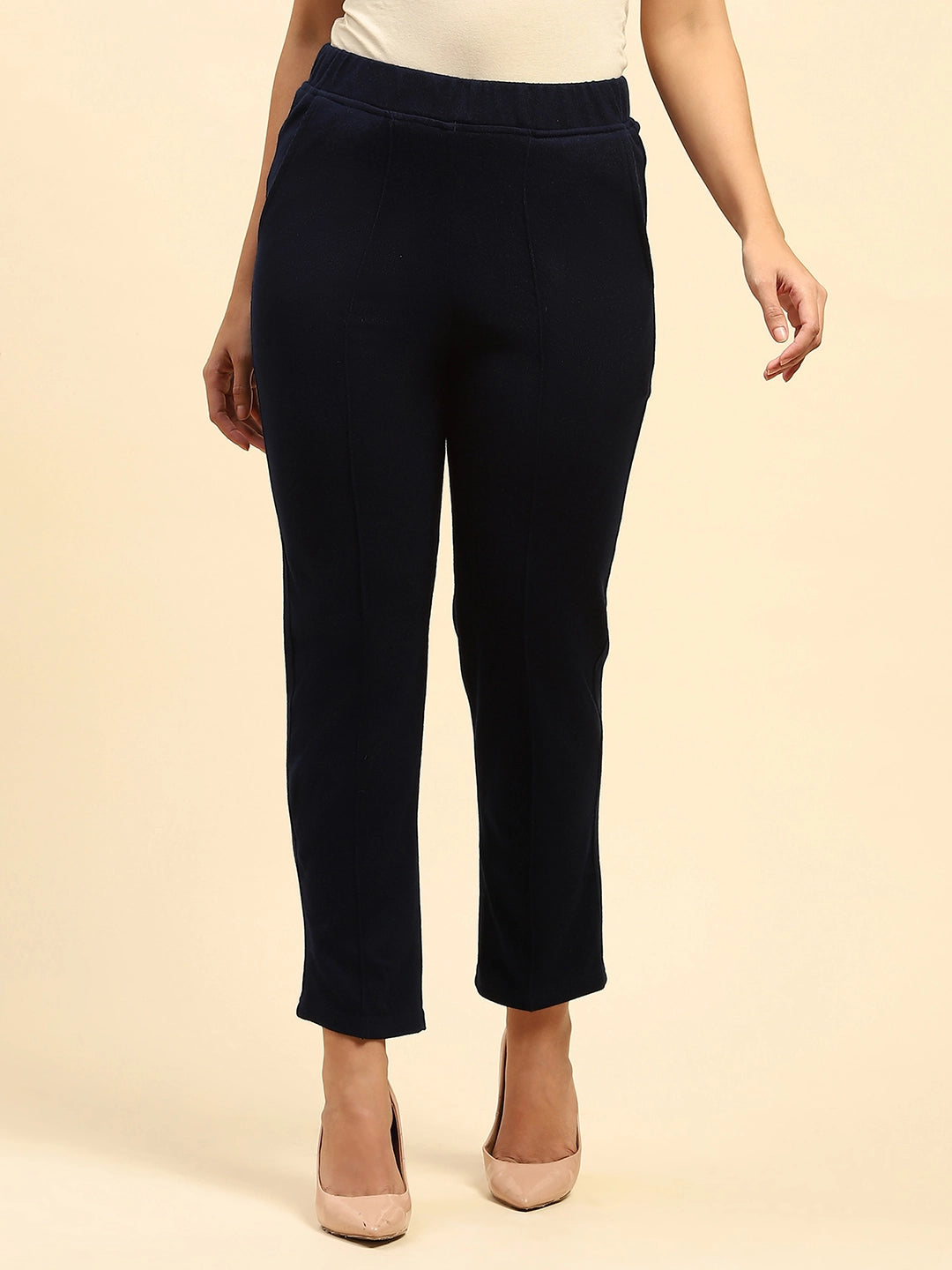 Navy Blue Woolen Solid Pant For Winter - Global Republic