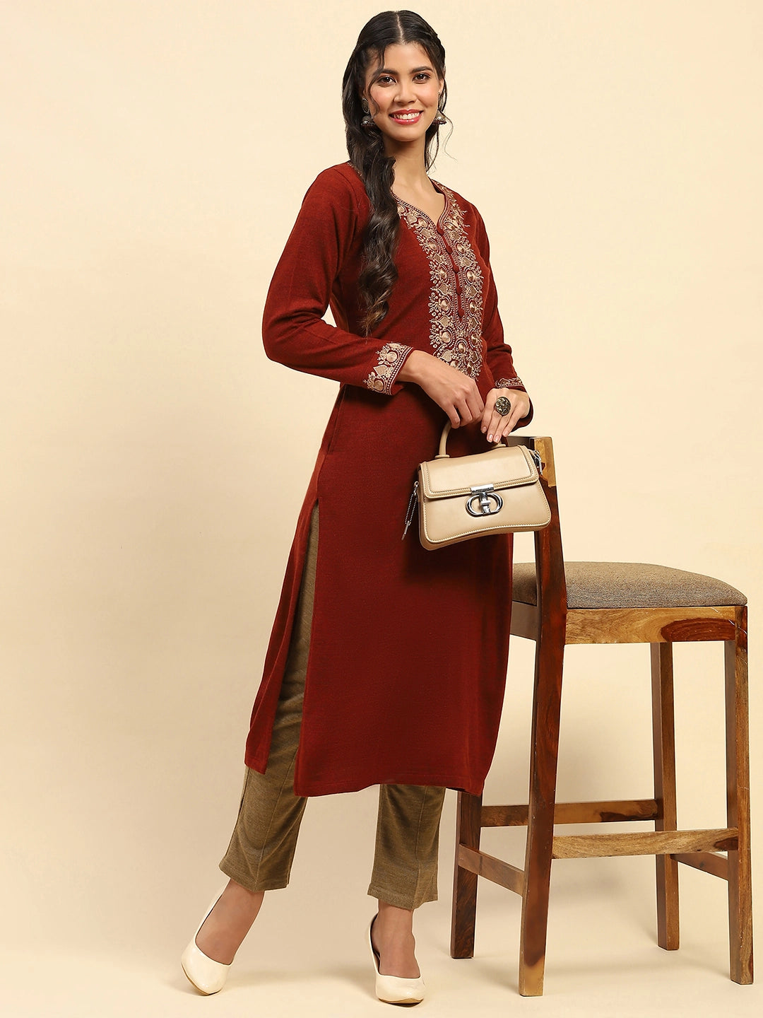 Beige Woolen Solid Pant For Winter - Global Republic