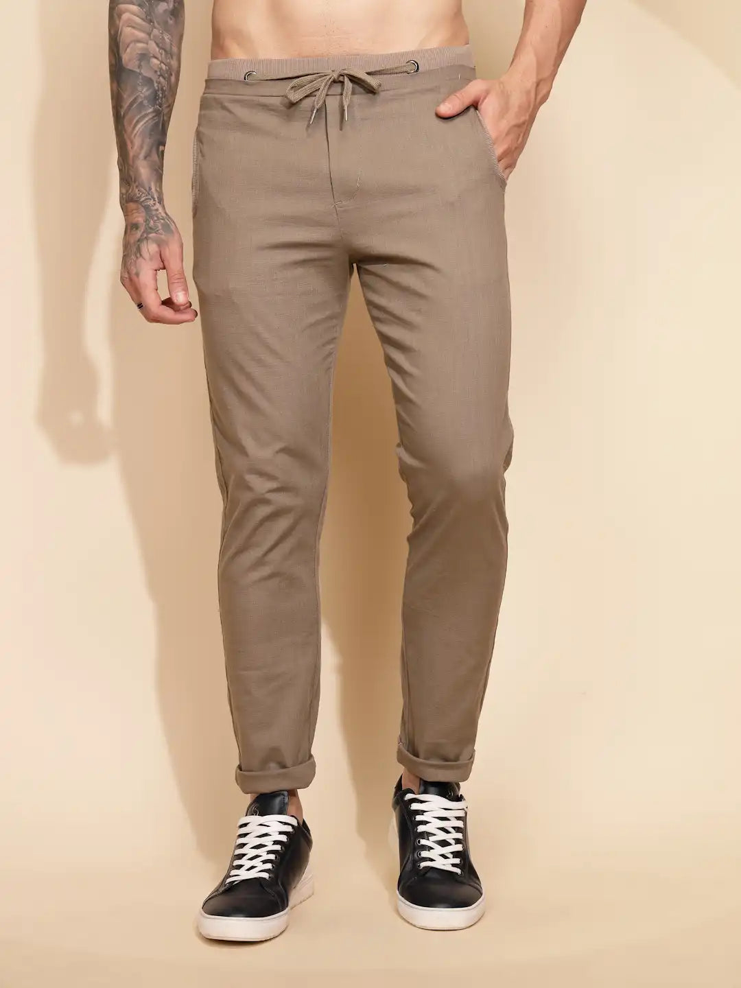 Brown Linen Blend Relaxed Fit Lower For Men - Global Republic #