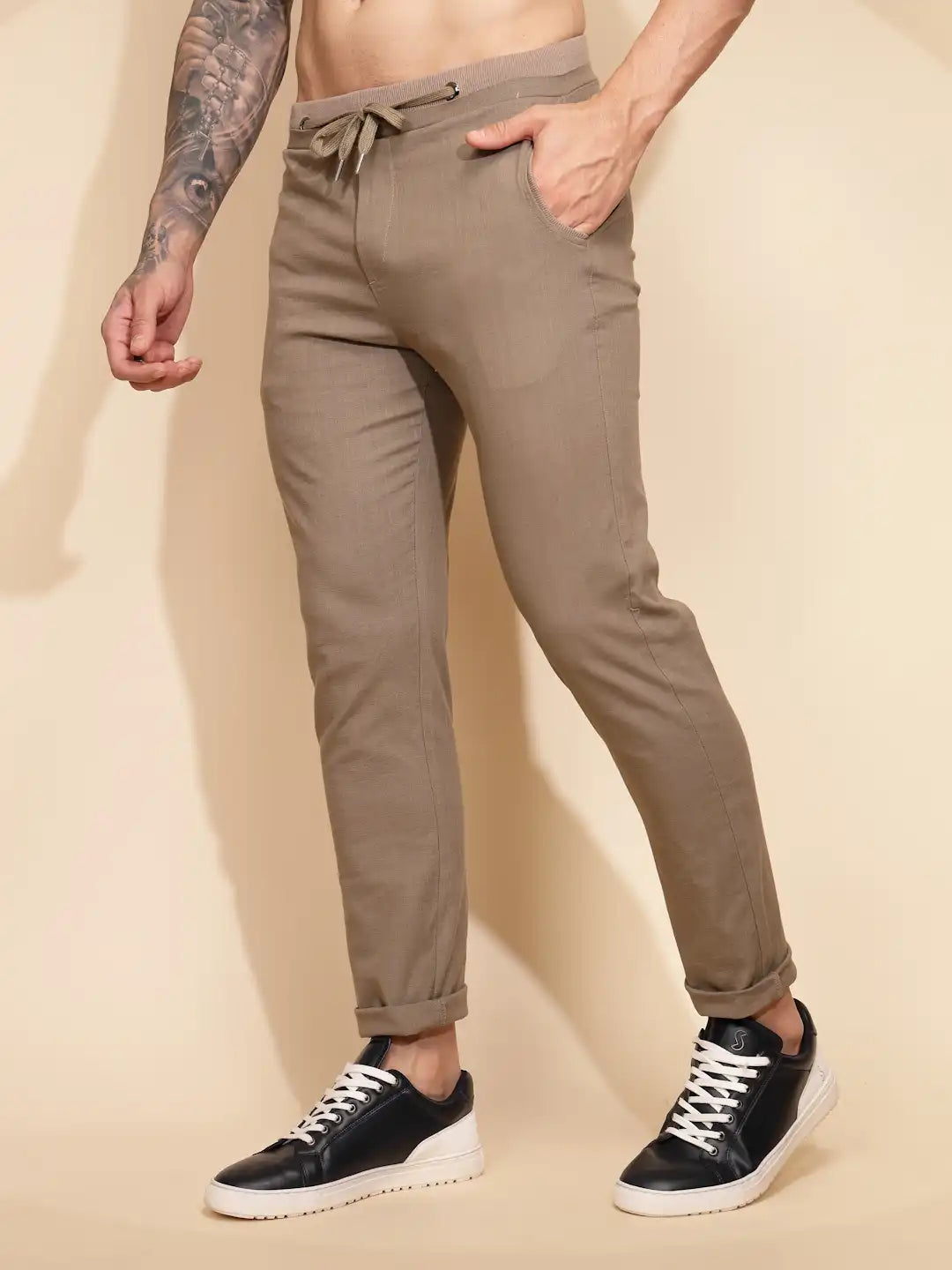 Brown Linen Blend Relaxed Fit Lower For Men - Global Republic #